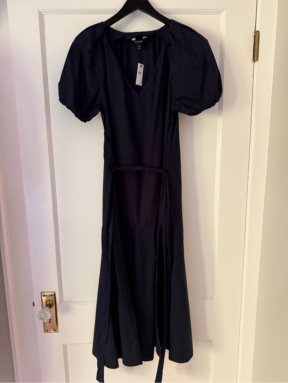 Banana Republic Navy Puff-Sleeve Poplin Midi Dress NWT